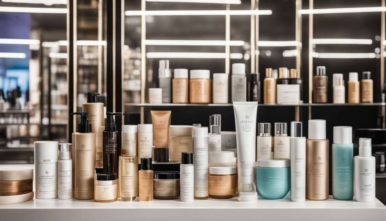 A diverse range of skincare products displayed neatly on shelves.